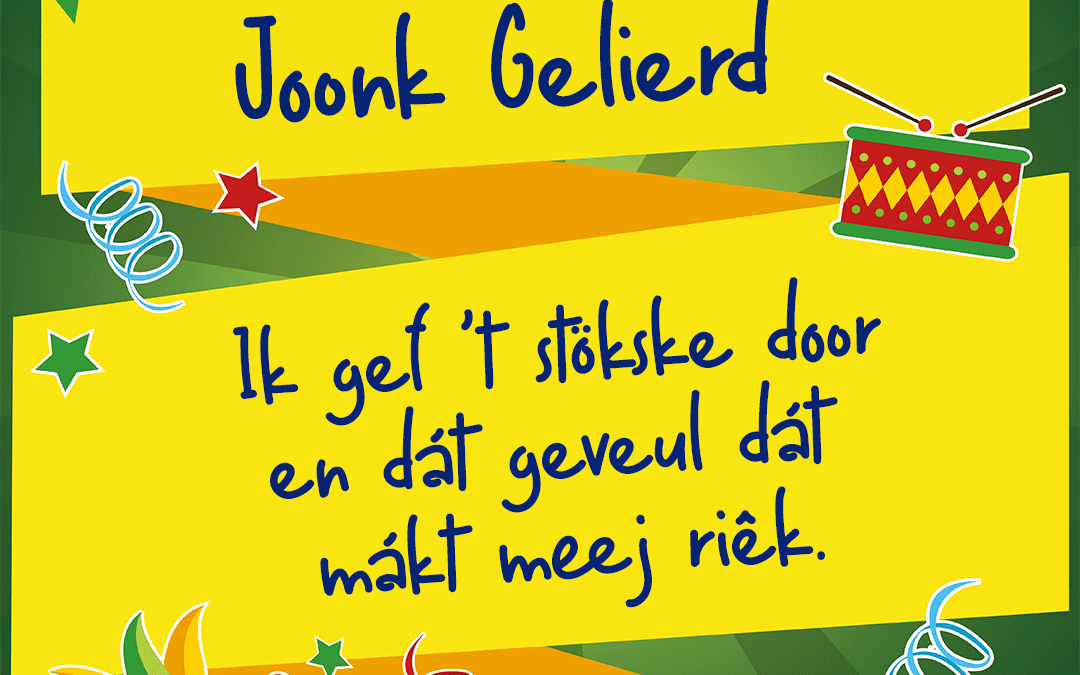 Ik gef ’t stökske door en dát geveul, dát mákt meej riêk.
