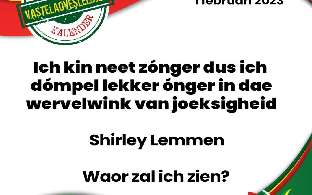 Ich kin neet zónger dus ich dómpel lekker ónger in dae wervelwink van joeksigheid